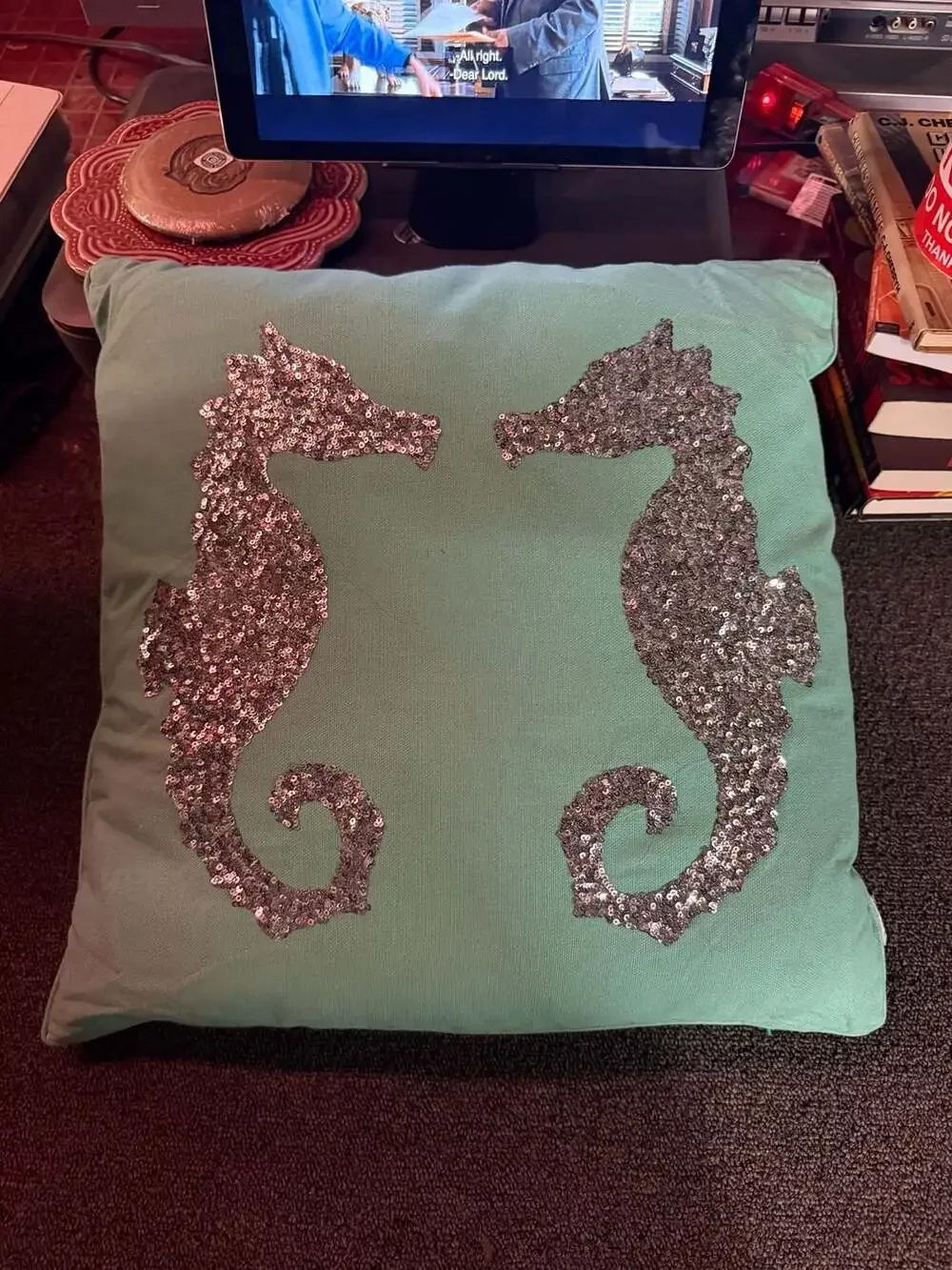 THRO by Mary Lou Aqua Seahorse Sequin Throw Pillow
